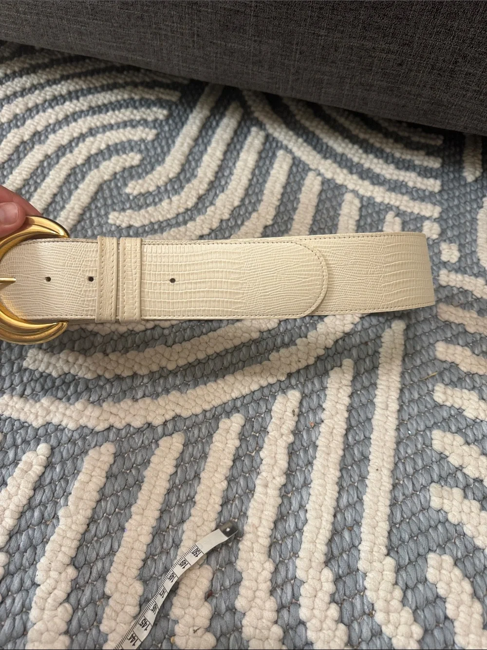 Vintage 80s 90s White Genuine Leather Belt Gold Statement Buckle Made in USA